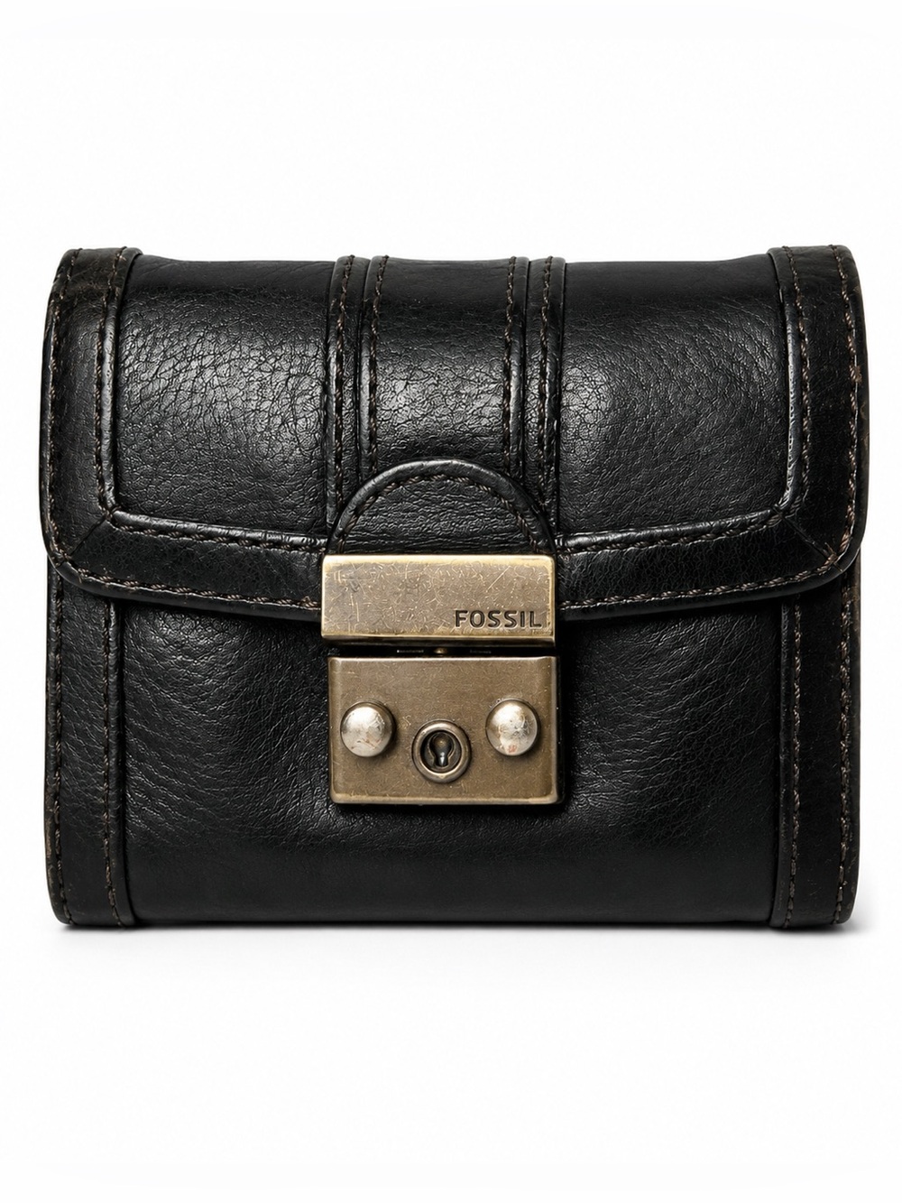 Discontinued Fossil Maddox Black Leather Push Lock Wallet Y2K Organizer Vintage